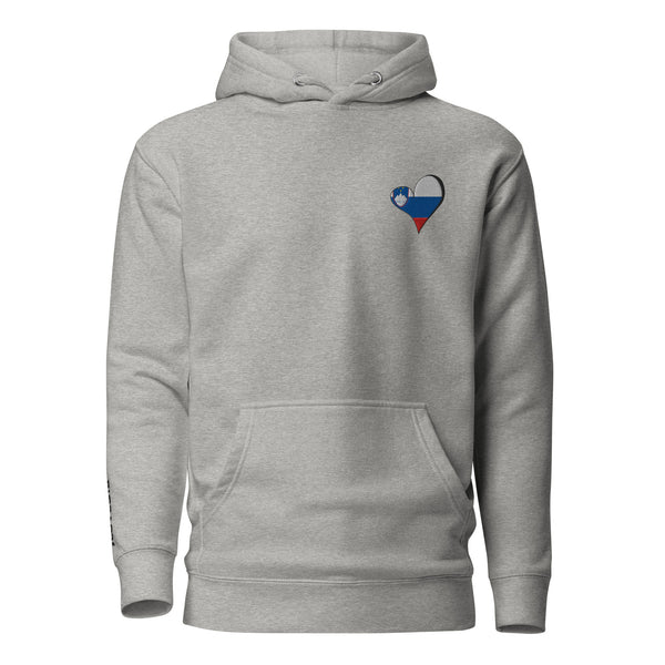 Unisex Premium embrodery Hoodie - Slovenia in grey, front view, NASHE Balkan hoodie