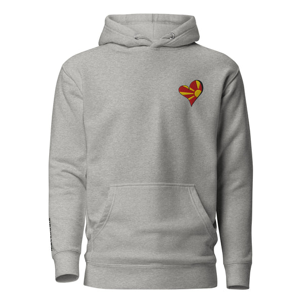Unisex Premium embrodery Hoodie - Macedonia in grey, front view, NASHE Balkan hoodie