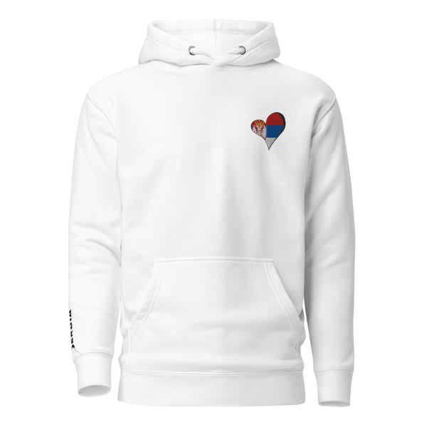 Unisex Premium embrodery Hoodie - Serbia in white, front view, NASHE Balkan hoodie