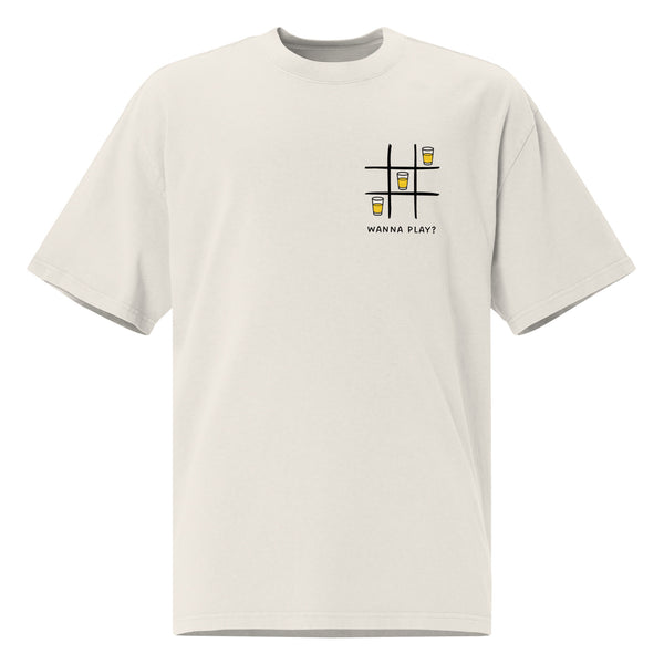 Oversized faded t-shirt - Wanna play? in faded bone, front view, NASHE Balkan T-shirt