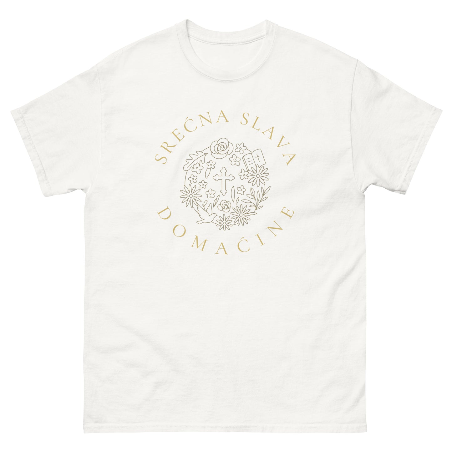 T-Shirt Men - Srećna Slava Domaćine in white, front view, NASHE Balkan T-shirt