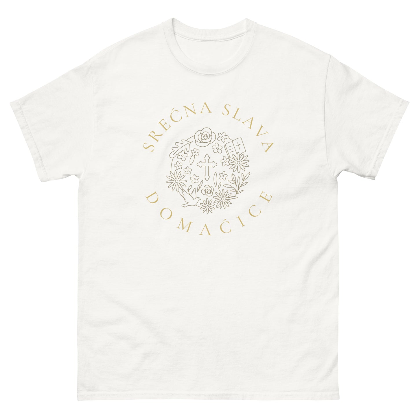 T-shirt Women - Srećna Slava Domaćice in white, front view, NASHE Balkan T-shirt