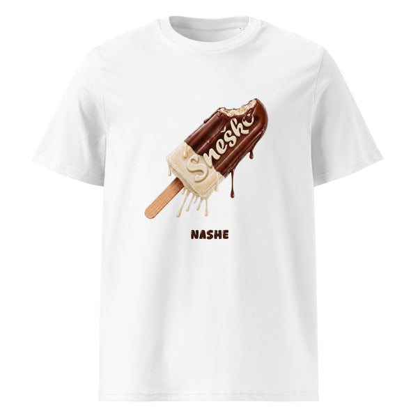 Unisex Organic Cotton T-Shirt - Sneško in white, front view, NASHE Balkan T-shirt