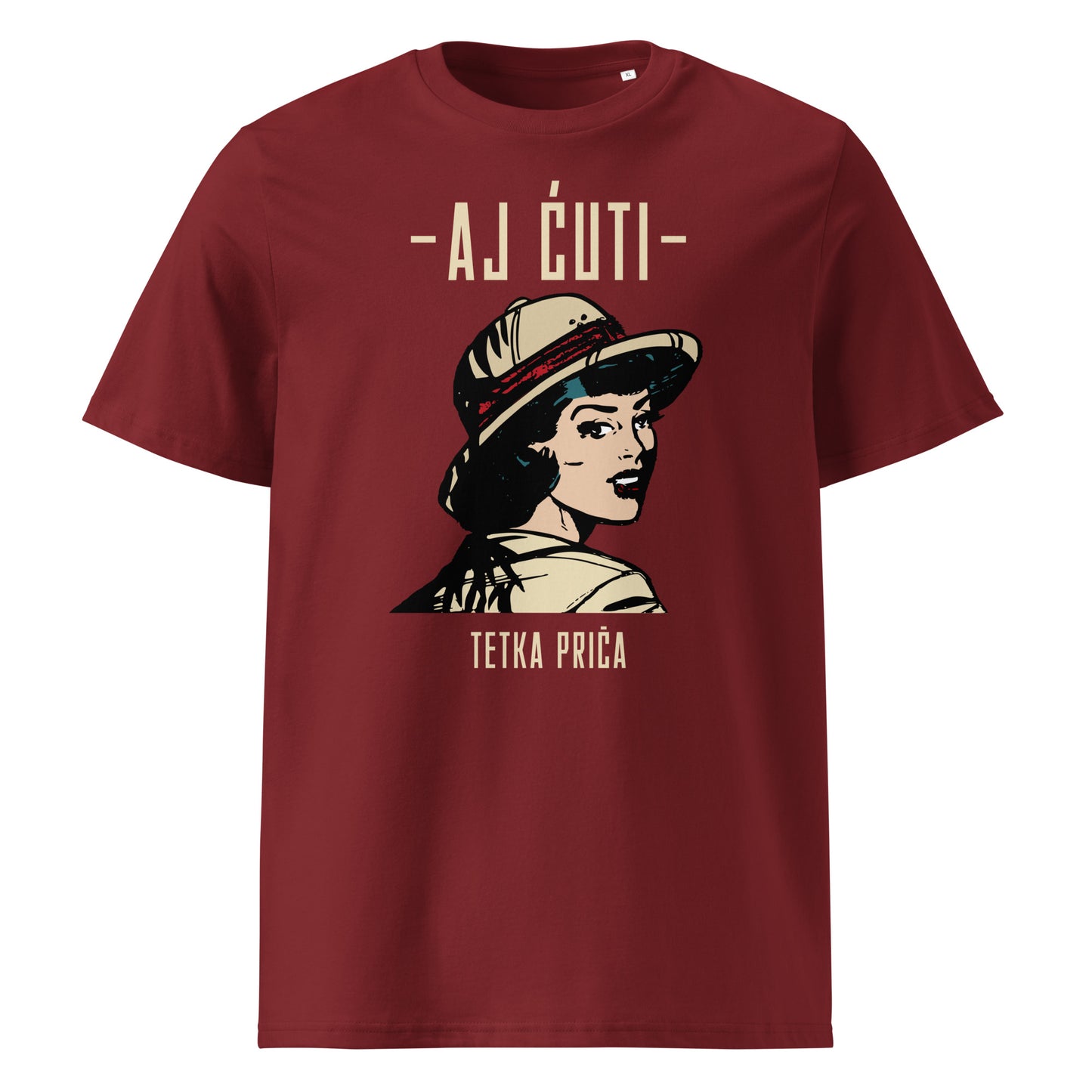 T-Shirt women - Aj ćuti – Tetka priča in burgundy, front view, NASHE Balkan T-shirt