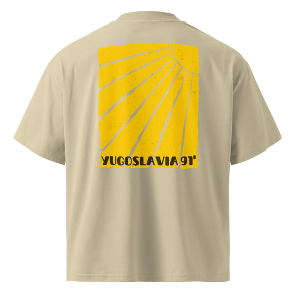 Organic oversized high neck t-shirt men - Yugoslavia 91' in stone, back view, NASHE Balkan T-shirt
