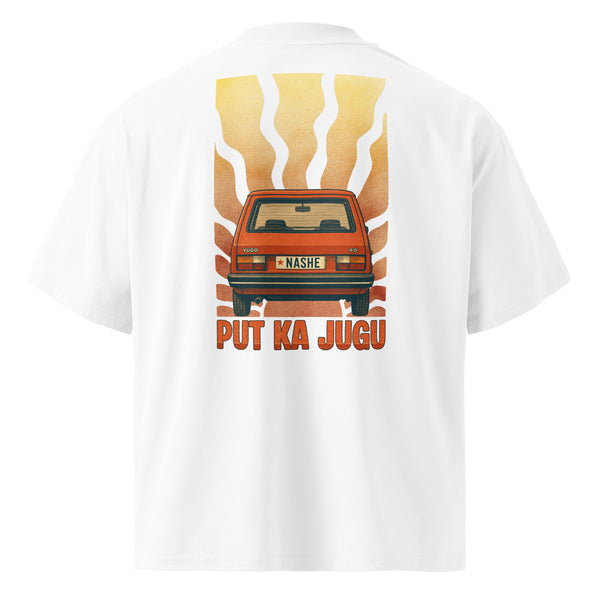 Organic oversized high neck t-shirt men - put ka jugu in white, back view, NASHE Balkan T-shirt