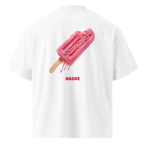 Organic oversized high neck t-shirt - Rumenko in white, back view, NASHE Balkan T-shirt