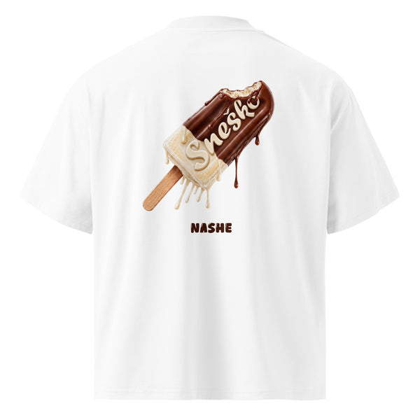 Organic oversized high neck t-shirt - Sneško in white, back view, NASHE Balkan T-shirt