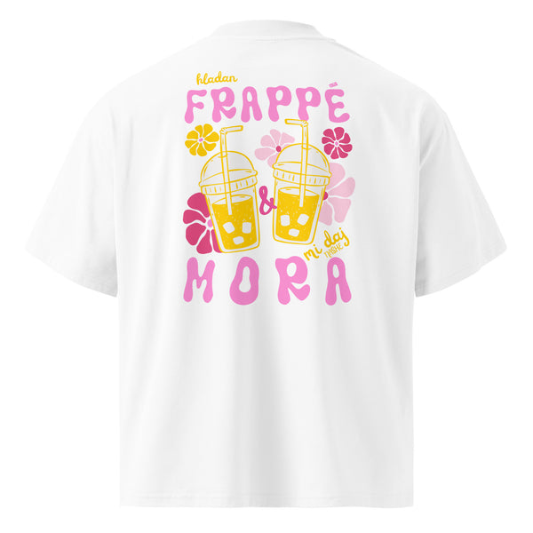 Organic oversized high neck t-shirt women - Hladan frappé i mora mi daj in white, back view, NASHE Balkan T-shirt