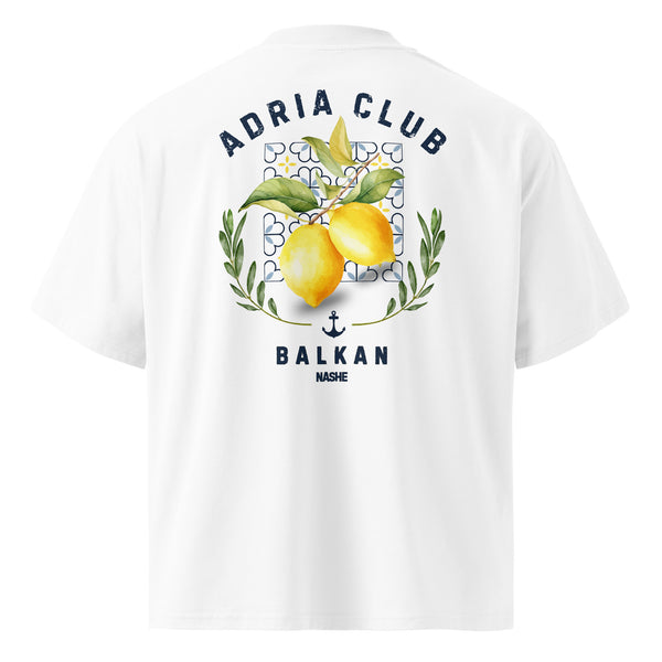 Organic oversized high neck t-shirt men - Adria club Balkan in white, back view, NASHE Balkan T-shirt