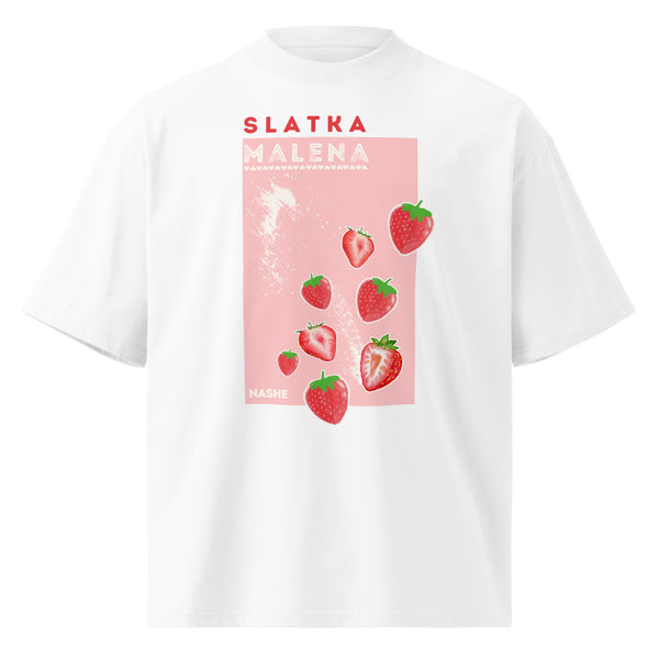 Organic oversized high neck t-shirt women - Slatka malena in white, front view, NASHE Balkan T-shirt