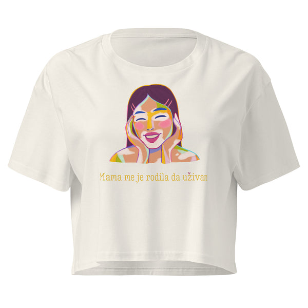 Women’s crop top - Mama me je rodila, da uživam in ecru, front view, NASHE Balkan crop top