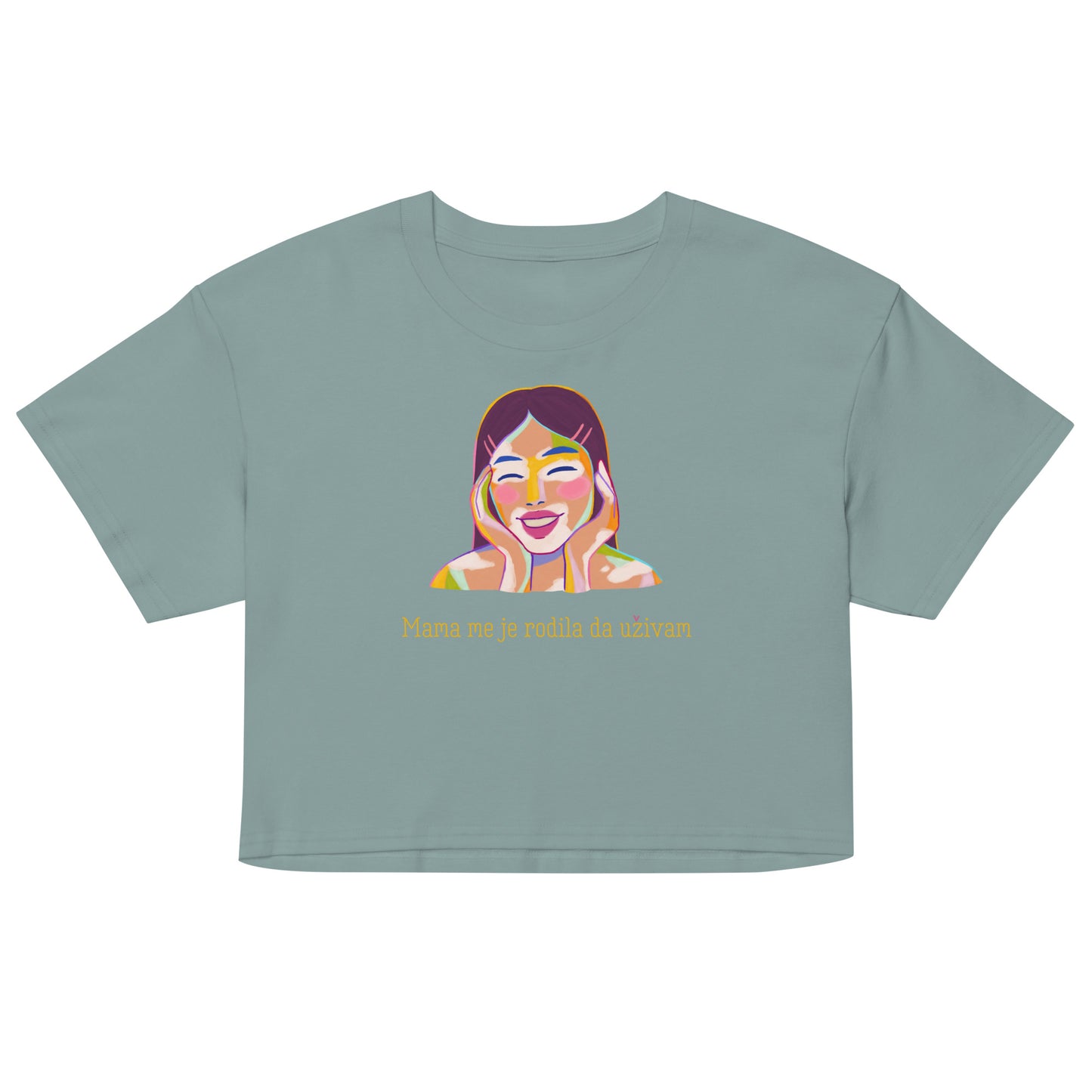 Women’s crop top - Mama me je rodila, da uživam in front view, NASHE Balkan crop top