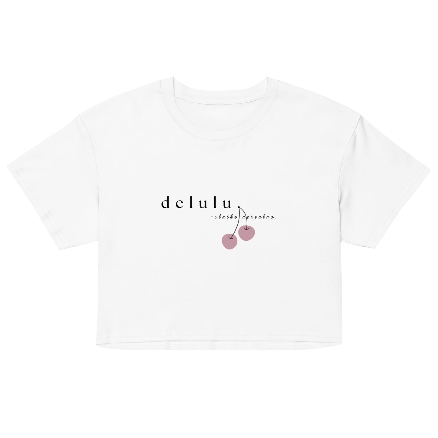 Women’s crop top - delulu in white, front view, NASHE Balkan crop top