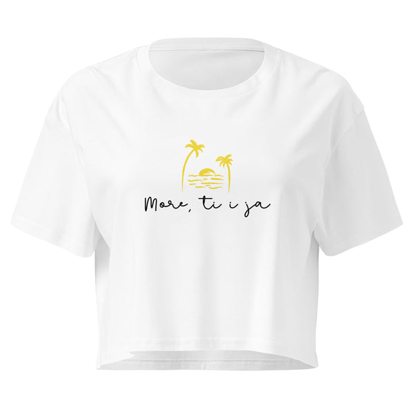 Women’s crop top - More, ti i ja in white, front view, NASHE Balkan crop top