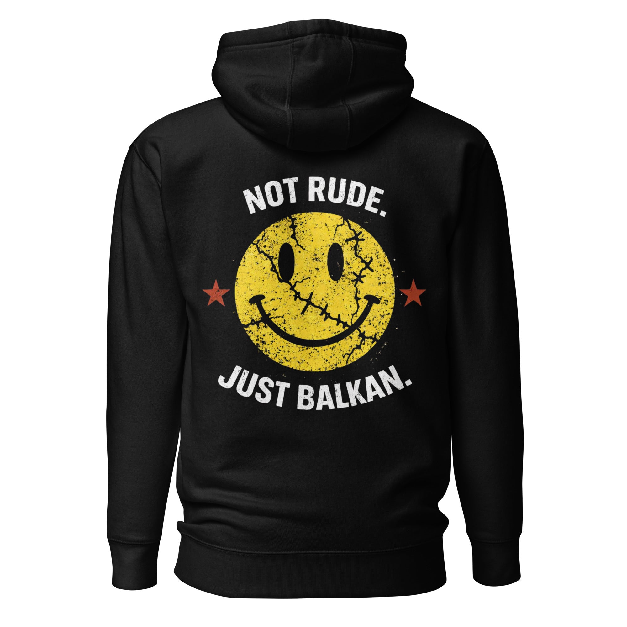 Unisex Hoodie - Not rude. Just Balkan in black, back view, NASHE Balkan hoodie