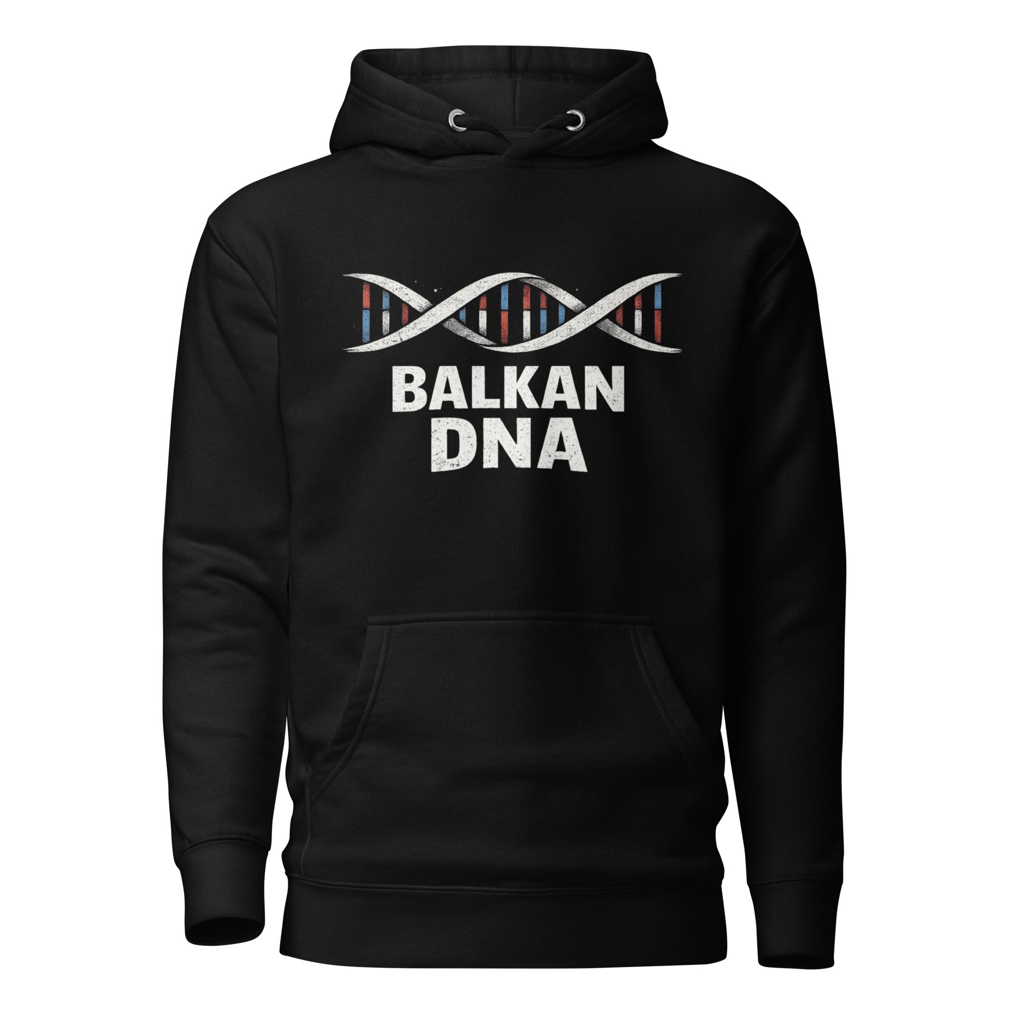 Unisex Hoodie - Balkan DNA in black, front view, NASHE Balkan hoodie