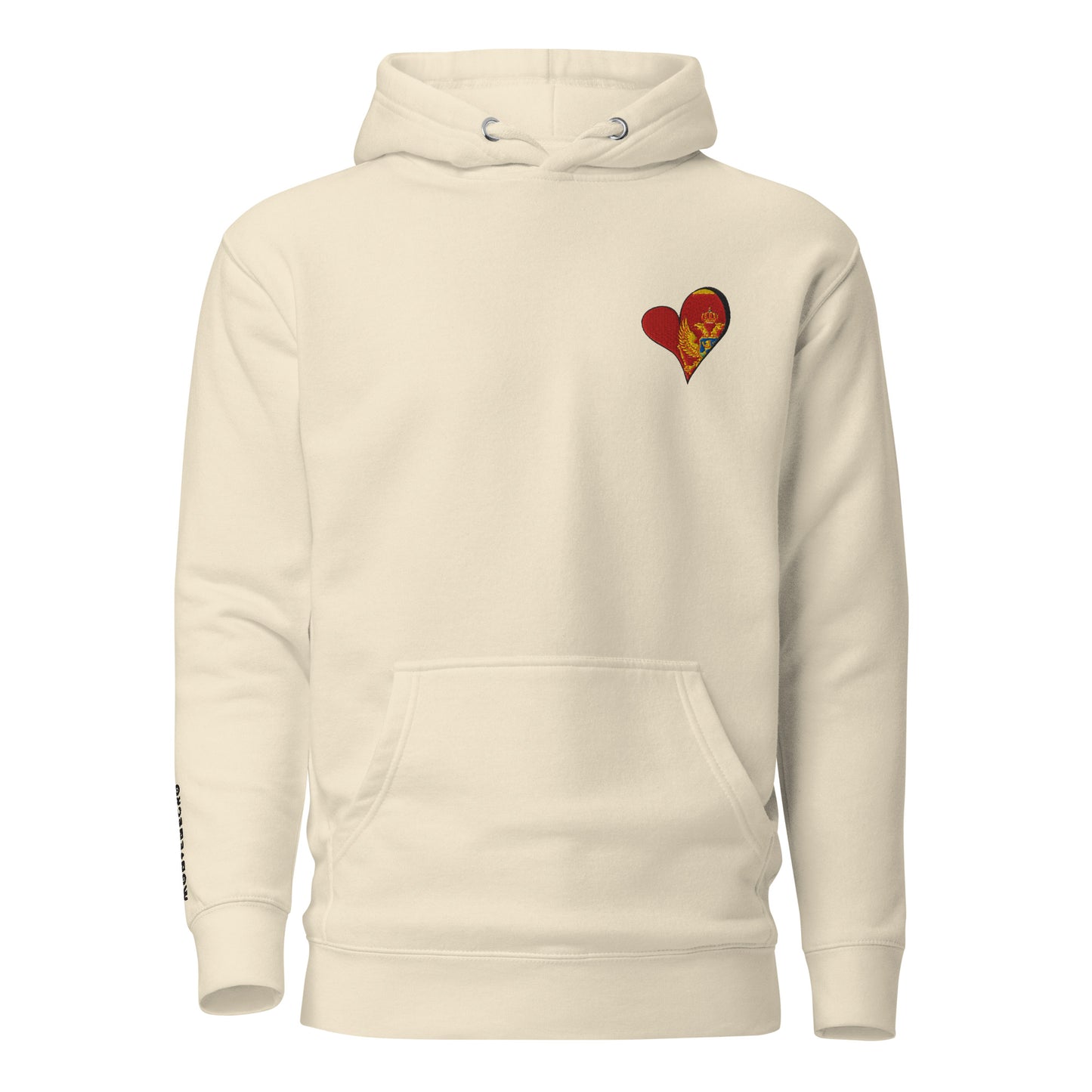 Unisex Premium embrodery Hoodie - Montenegro in bone, front view, NASHE Balkan hoodie