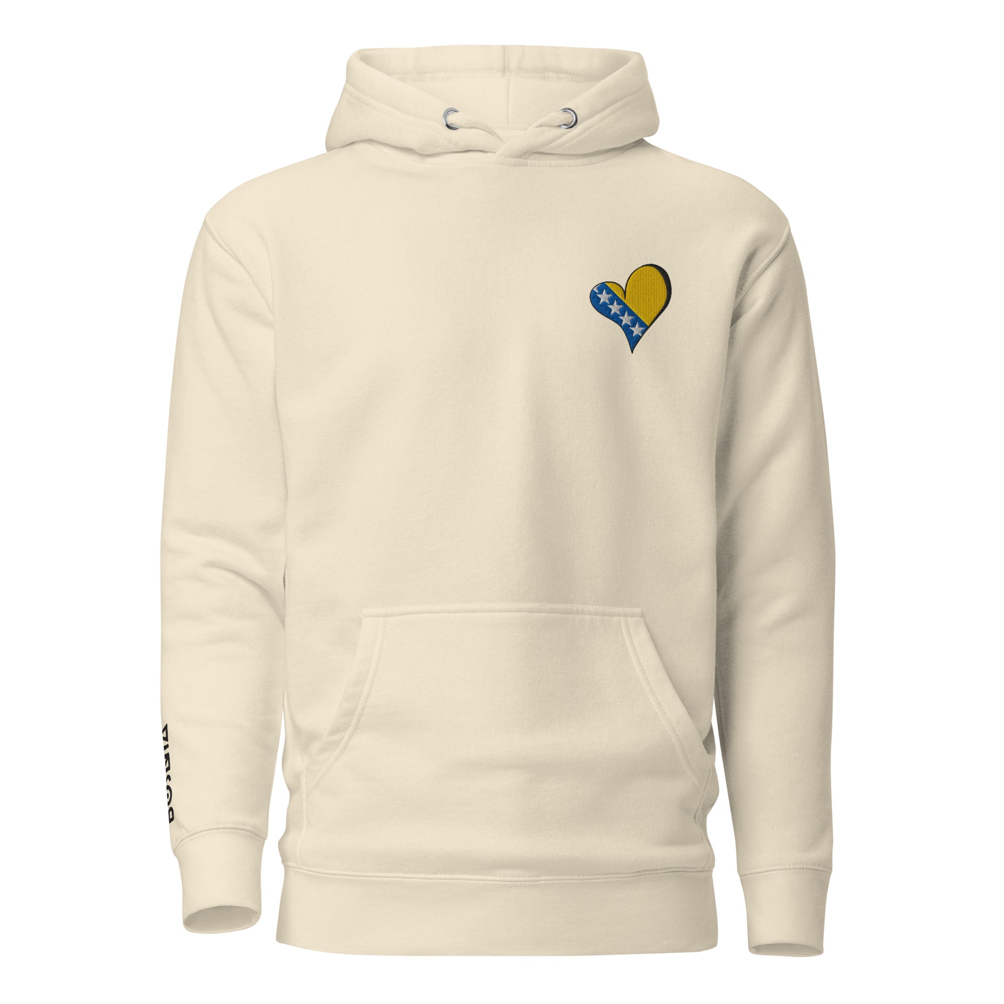 Unisex Premium embrodery Hoodie - Bosnia in bone, front view, NASHE Balkan hoodie