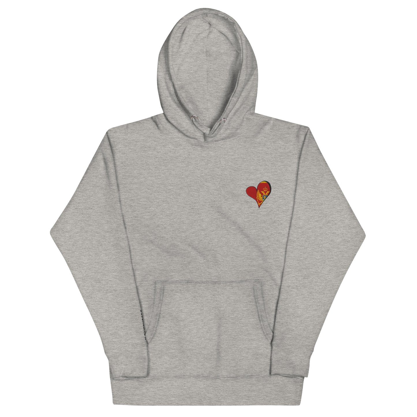 Unisex Premium embrodery Hoodie - Montenegro in grey, front view, NASHE Balkan hoodie