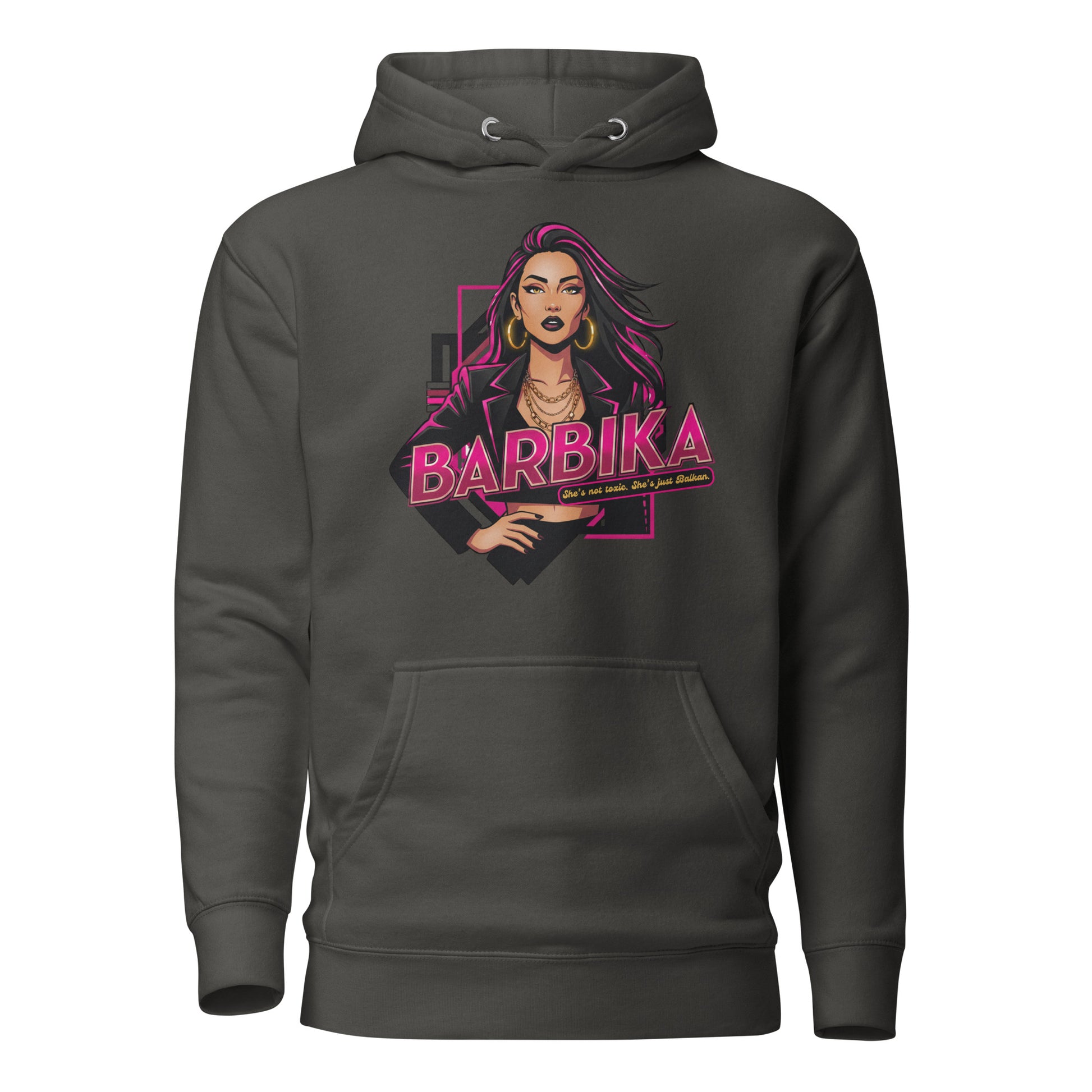Hoodie Women - Barbika in black, front view, NASHE Balkan hoodie