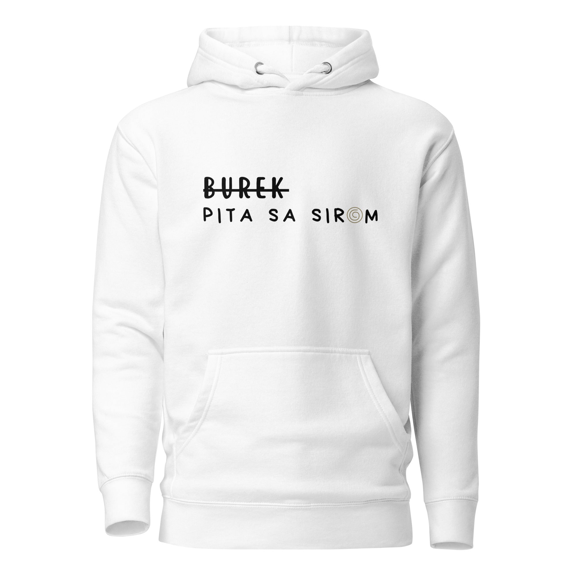 Unisex Hoodie - Burek - pita sa sirom in white, front view, NASHE Balkan hoodie