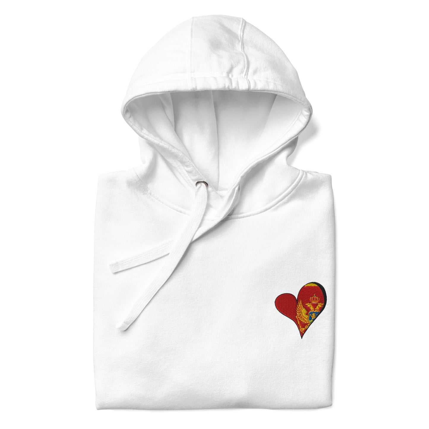 Unisex Premium embrodery Hoodie - Montenegro in white, front view, NASHE Balkan hoodie