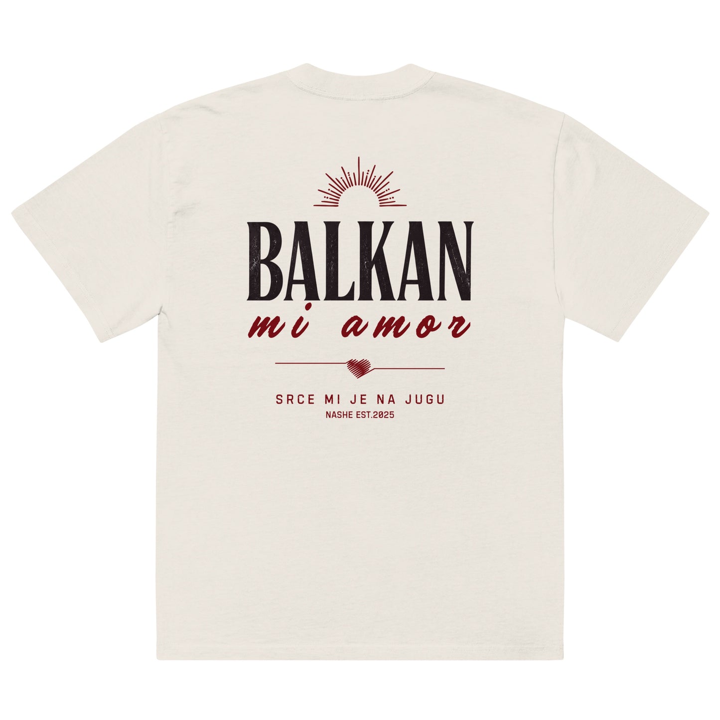 Oversized faded t-shirt unisex - Balkan, mi amor in faded bone, back view, NASHE Balkan T-shirt