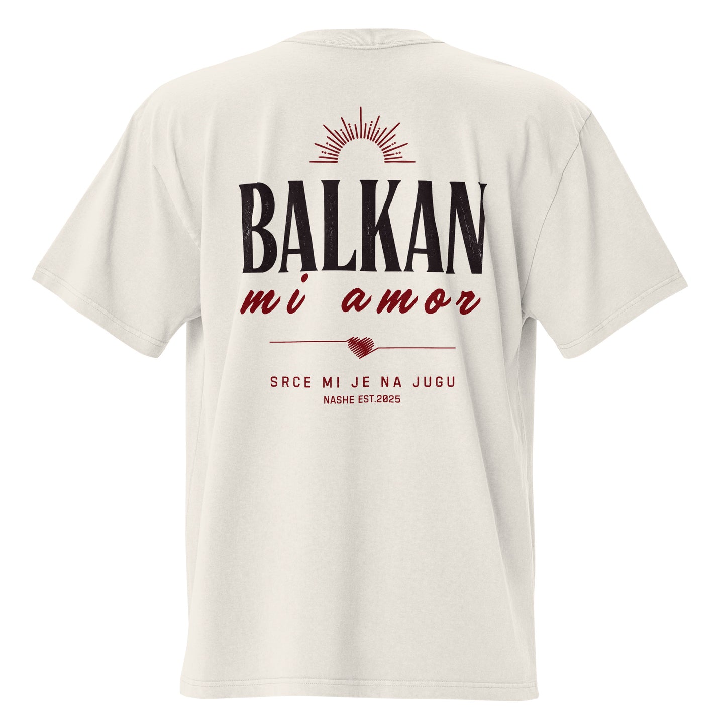Oversized faded t-shirt unisex - Balkan, mi amor in faded bone, back view, NASHE Balkan T-shirt