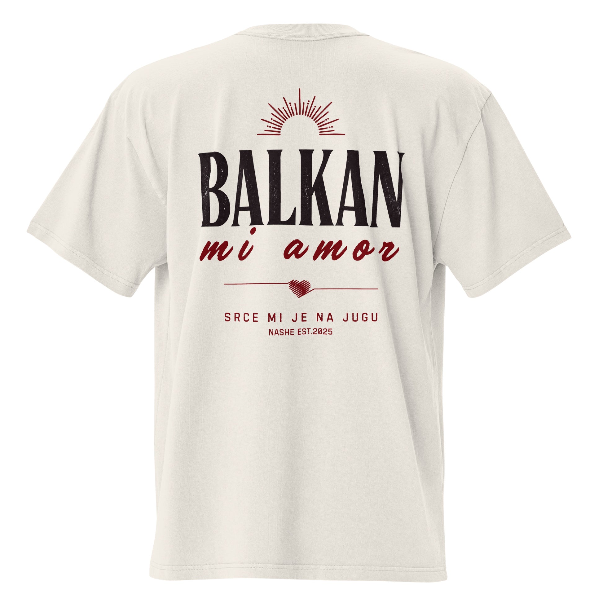 Oversized faded t-shirt unisex - Balkan, mi amor in faded bone, back view, NASHE Balkan T-shirt