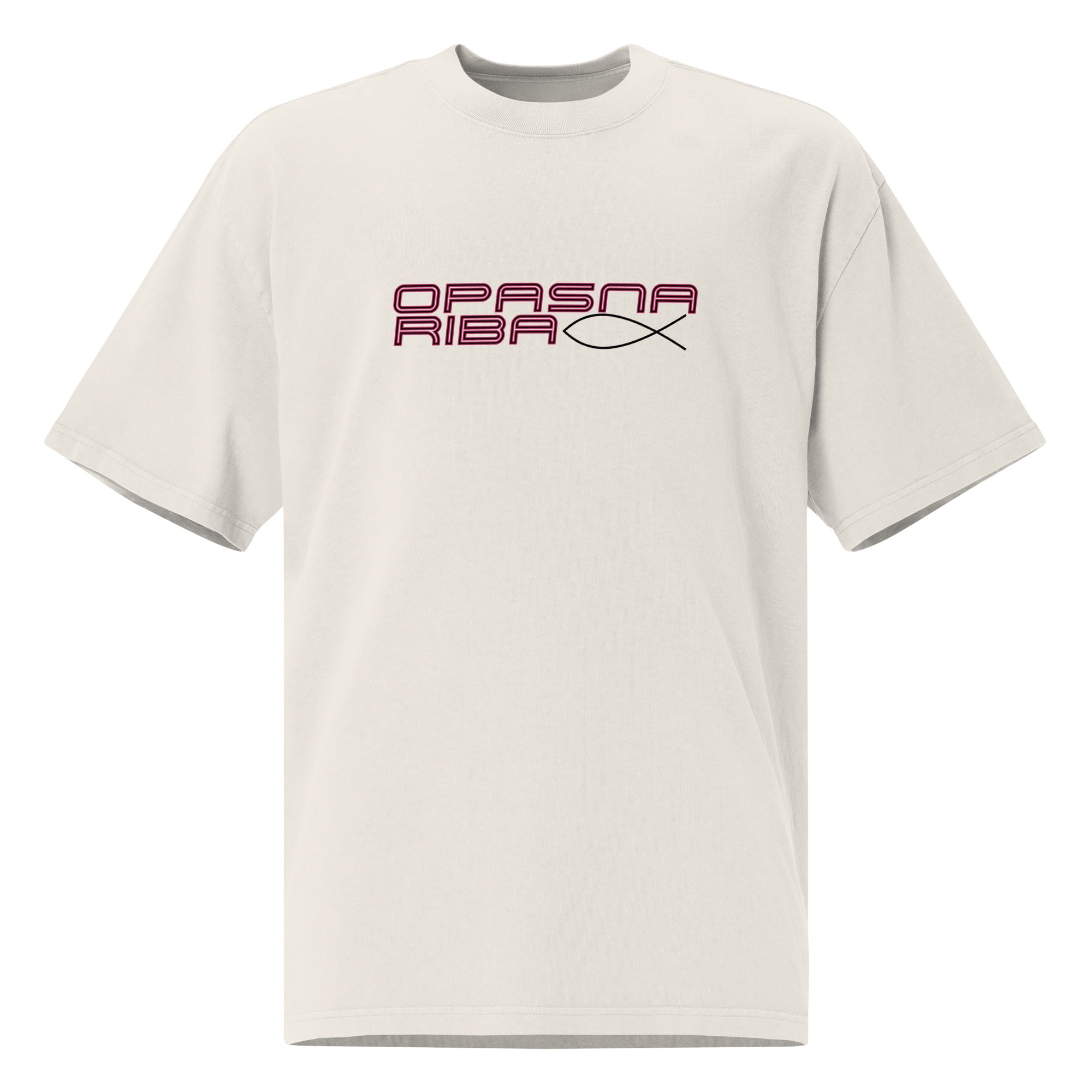 Oversized faded t-shirt women - opasna riba in faded bone, front view, NASHE Balkan T-shirt