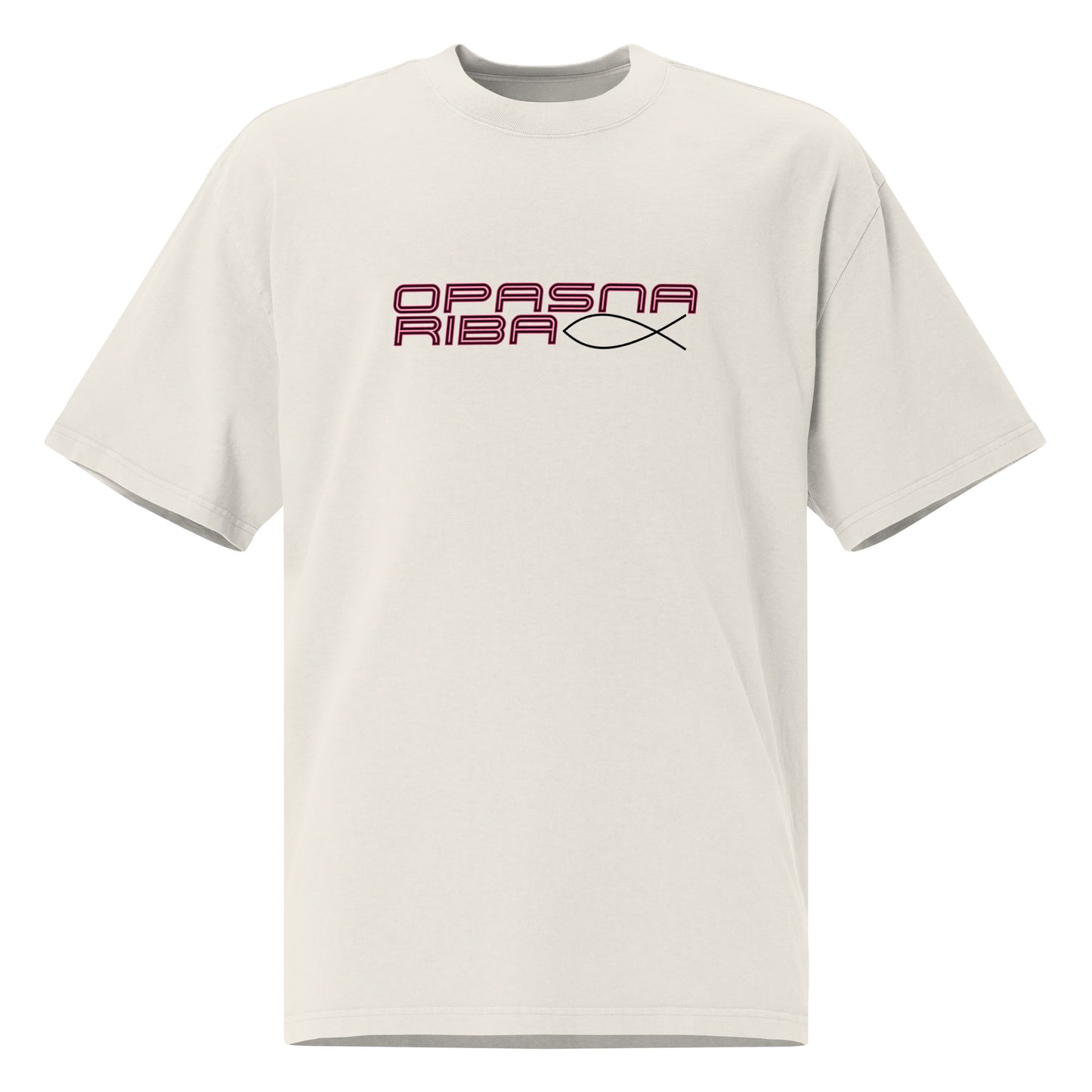 Oversized faded t-shirt women - opasna riba in faded bone, front view, NASHE Balkan T-shirt