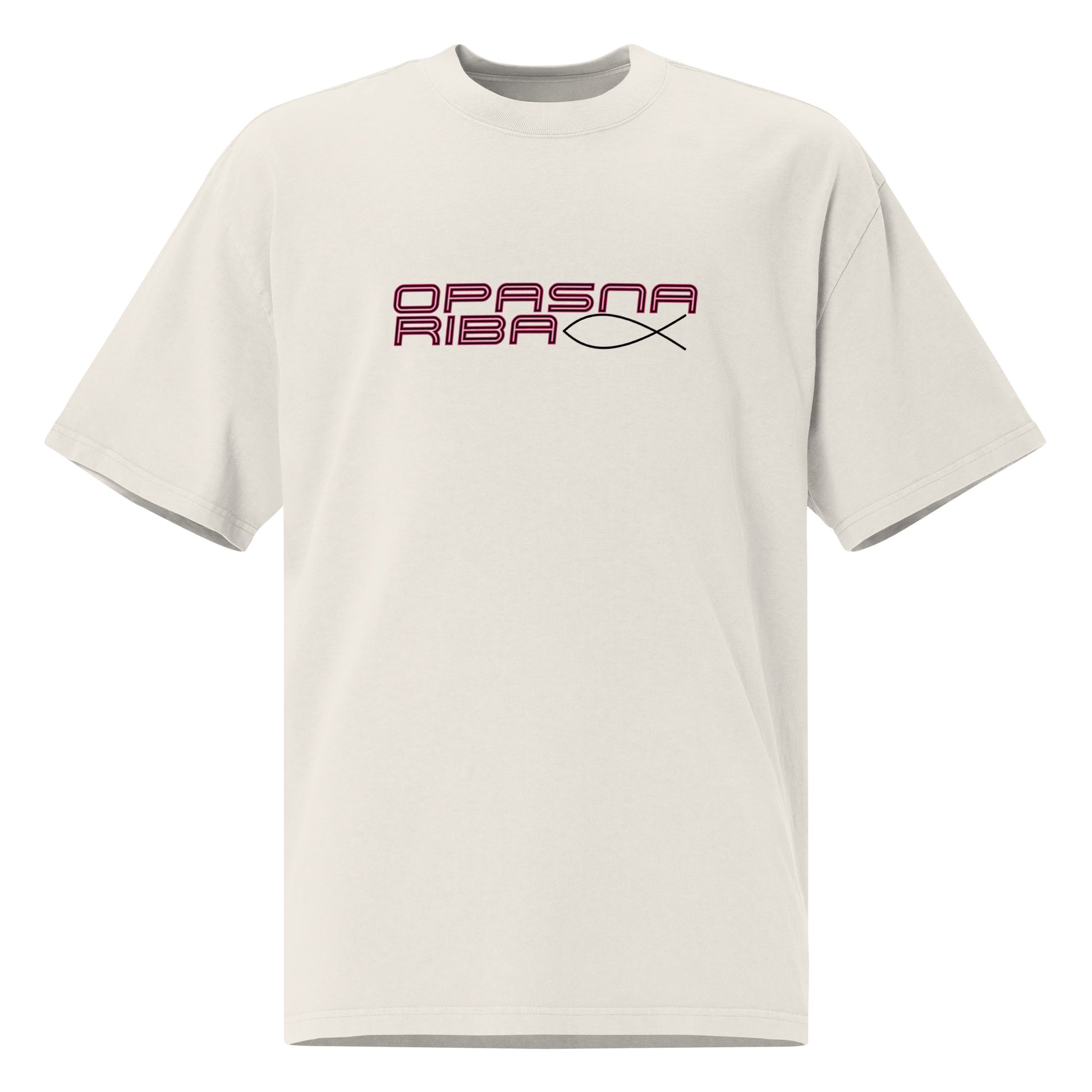 Oversized faded t-shirt women - opasna riba in faded bone, front view, NASHE Balkan T-shirt