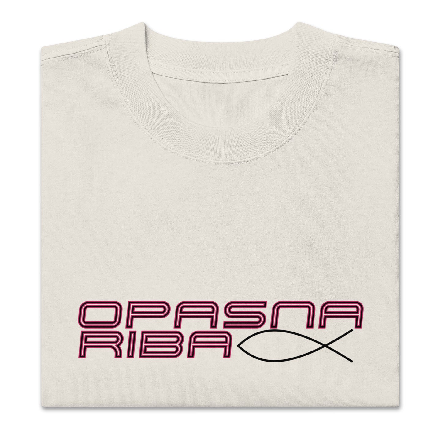 Oversized faded t-shirt women - opasna riba in faded bone, front view, NASHE Balkan T-shirt