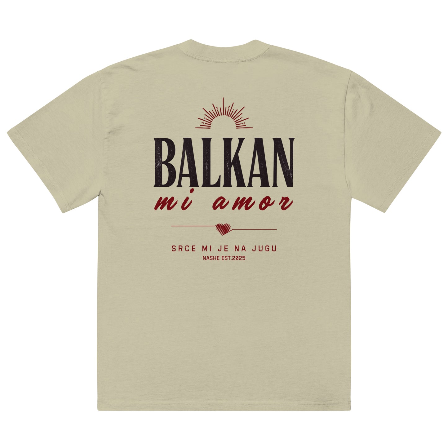 Oversized faded t-shirt unisex - Balkan, mi amor in eucalyptus, back view, NASHE Balkan T-shirt