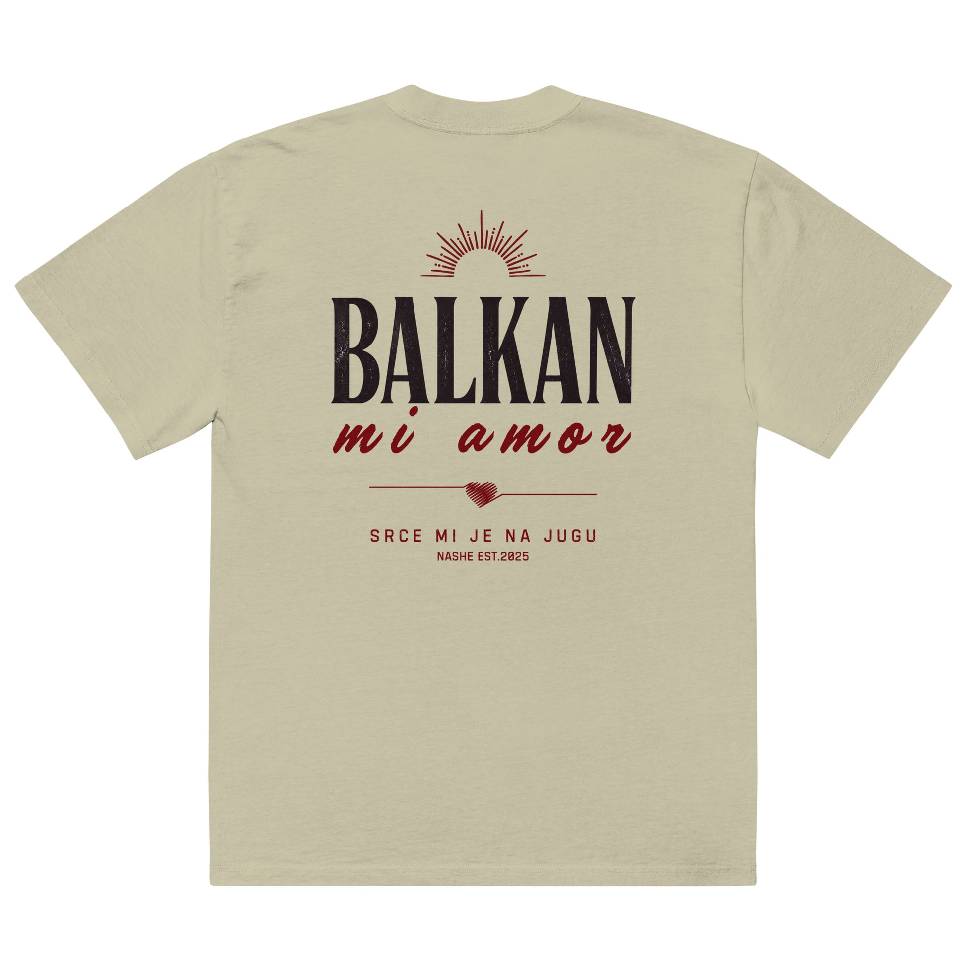 Oversized faded t-shirt unisex - Balkan, mi amor in eucalyptus, back view, NASHE Balkan T-shirt