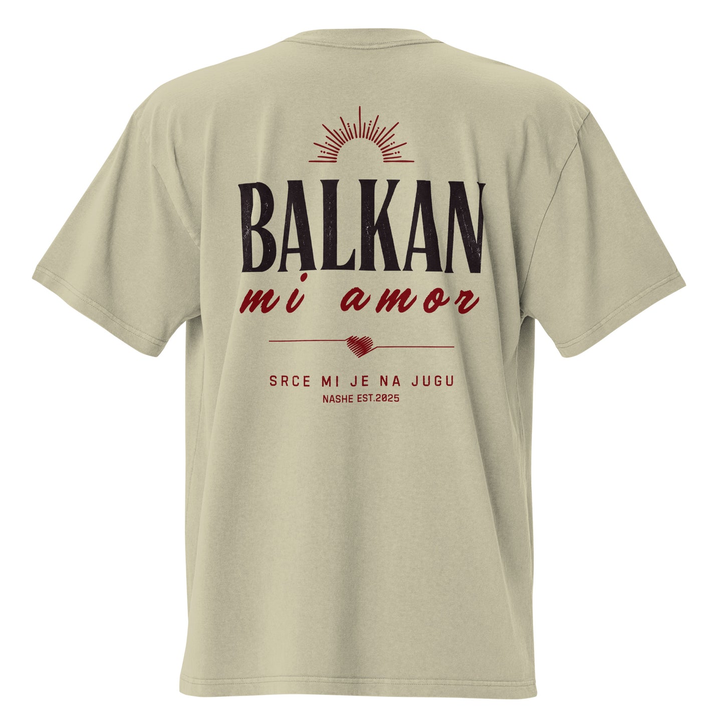 Oversized faded t-shirt unisex - Balkan, mi amor in eucalyptus, back view, NASHE Balkan T-shirt