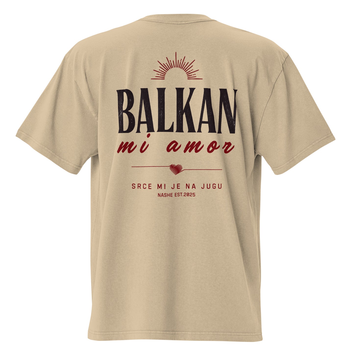 Oversized faded t-shirt unisex - Balkan, mi amor in khaki, back view, NASHE Balkan T-shirt