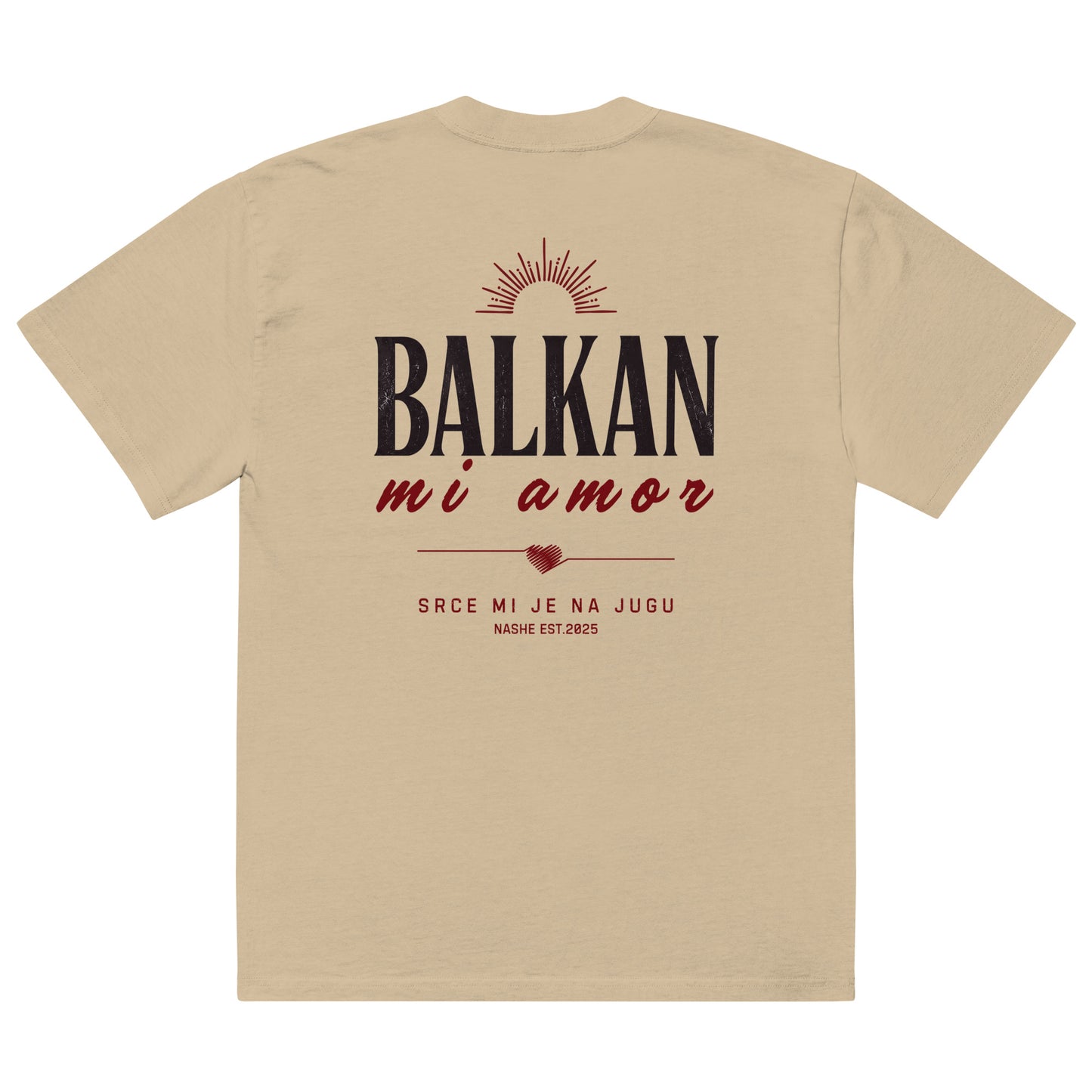 Oversized faded t-shirt unisex - Balkan, mi amor in khaki, back view, NASHE Balkan T-shirt