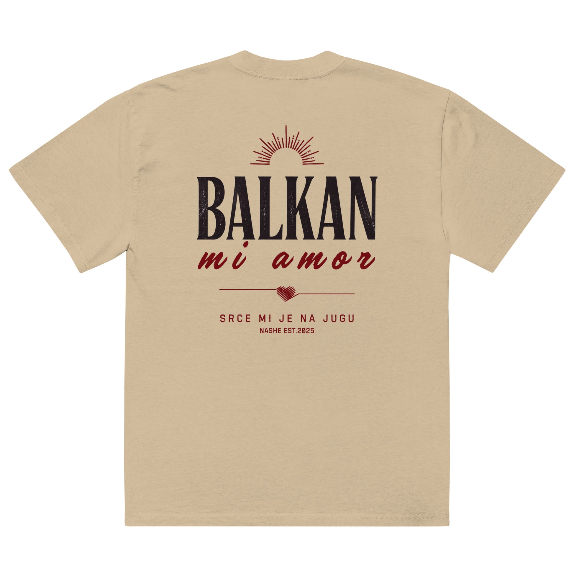 Oversized faded t-shirt unisex - Balkan, mi amor in khaki, back view, NASHE Balkan T-shirt