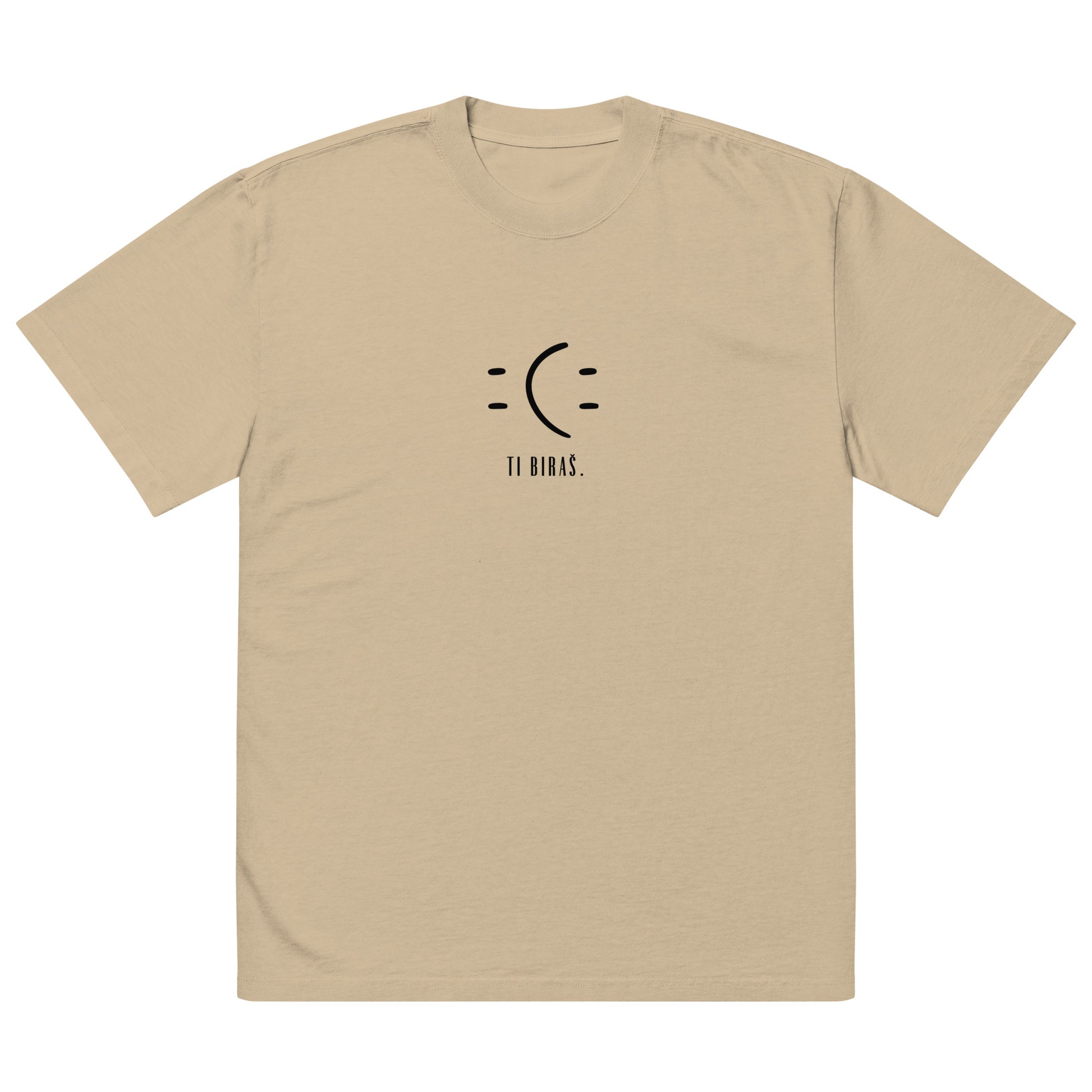 Oversized faded t-shirt - Ti biraš. in khaki, front view, NASHE Balkan T-shirt