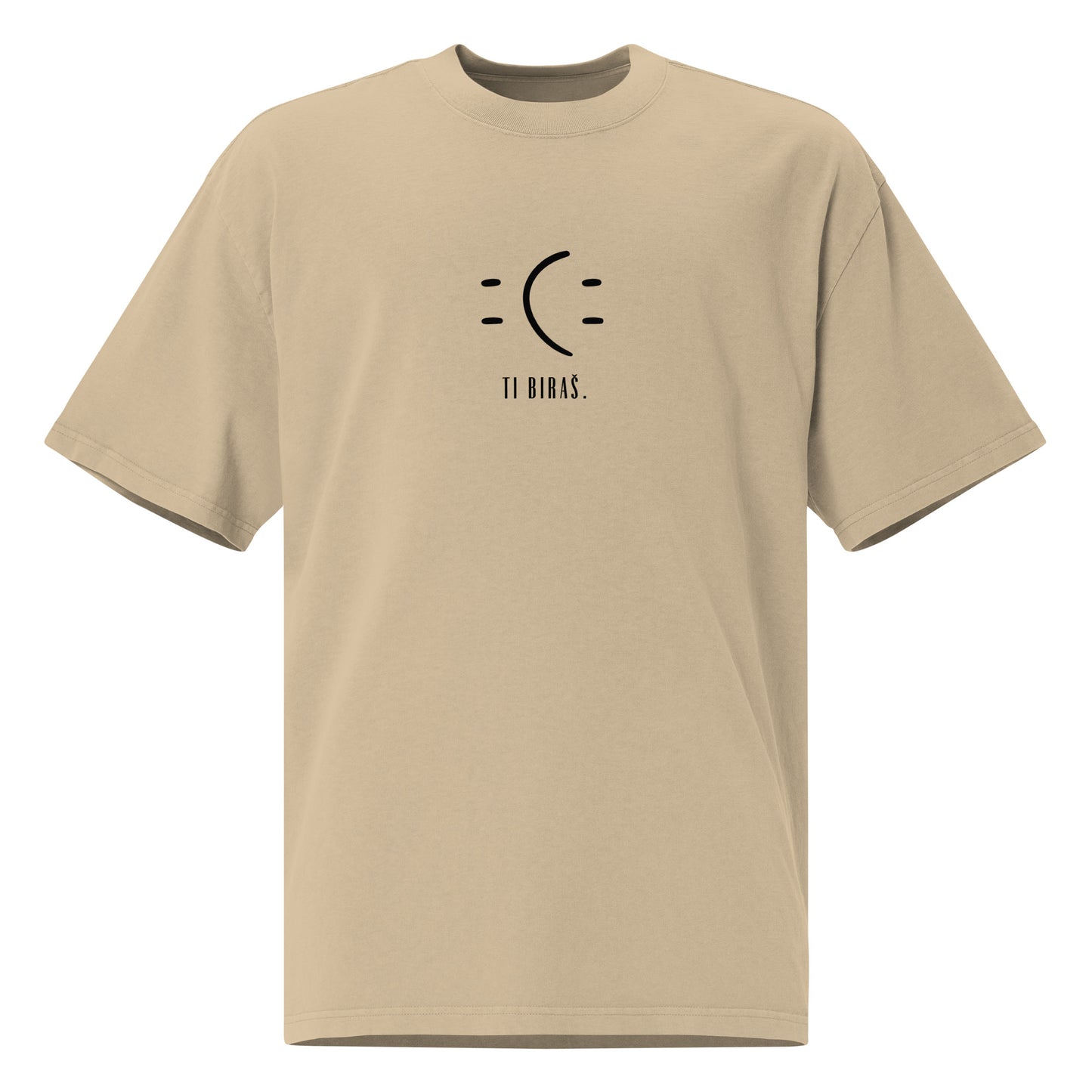 Oversized faded t-shirt - Ti biraš. in khaki, front view, NASHE Balkan T-shirt