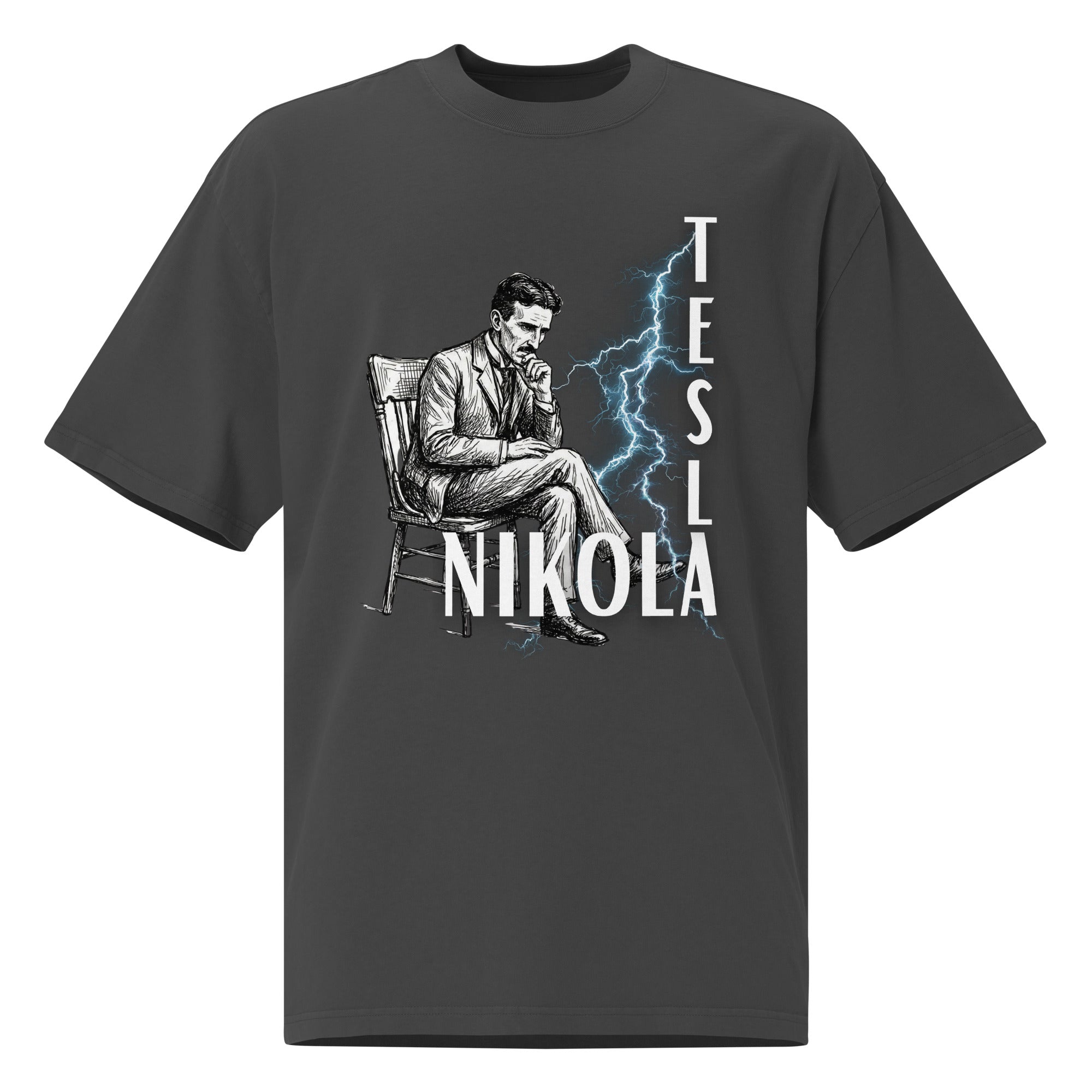Oversized unisex faded t-shirt - Nikola Tesla in faded black, front view, NASHE Balkan T-shirt