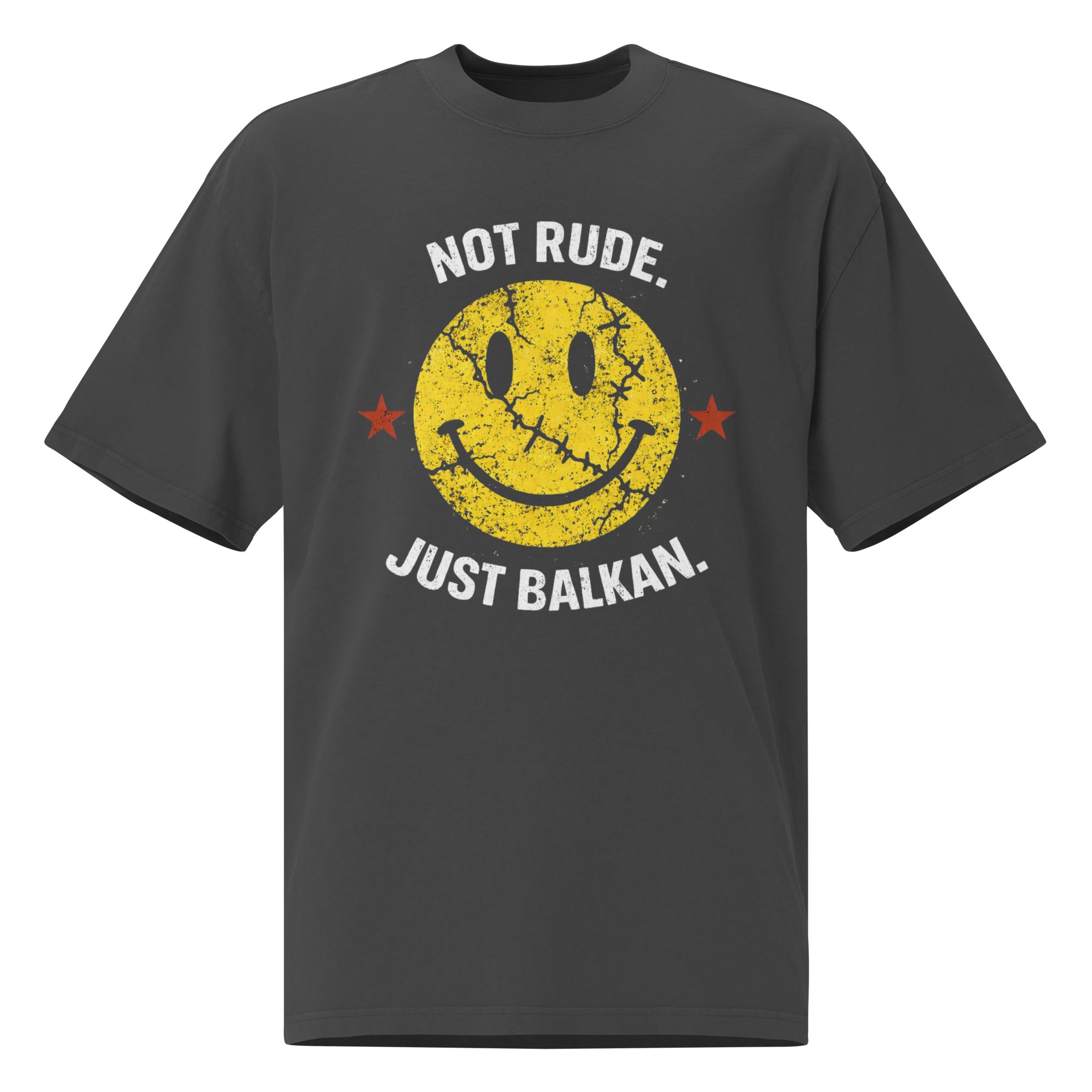 Oversized faded t-shirt unisex - Not rude. Just Balkan in faded black, front view, NASHE Balkan T-shirt