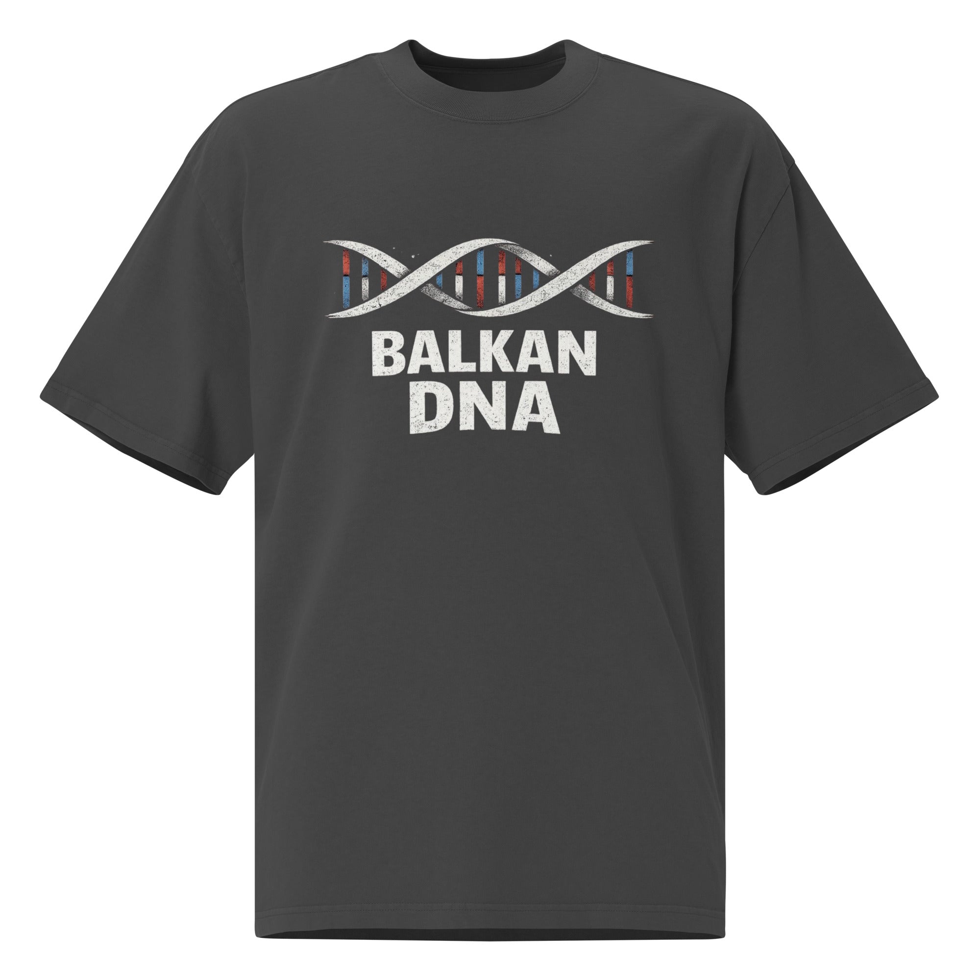 Oversized faded t-shirt unisex - Balkan DNA in faded black, front view, NASHE Balkan T-shirt