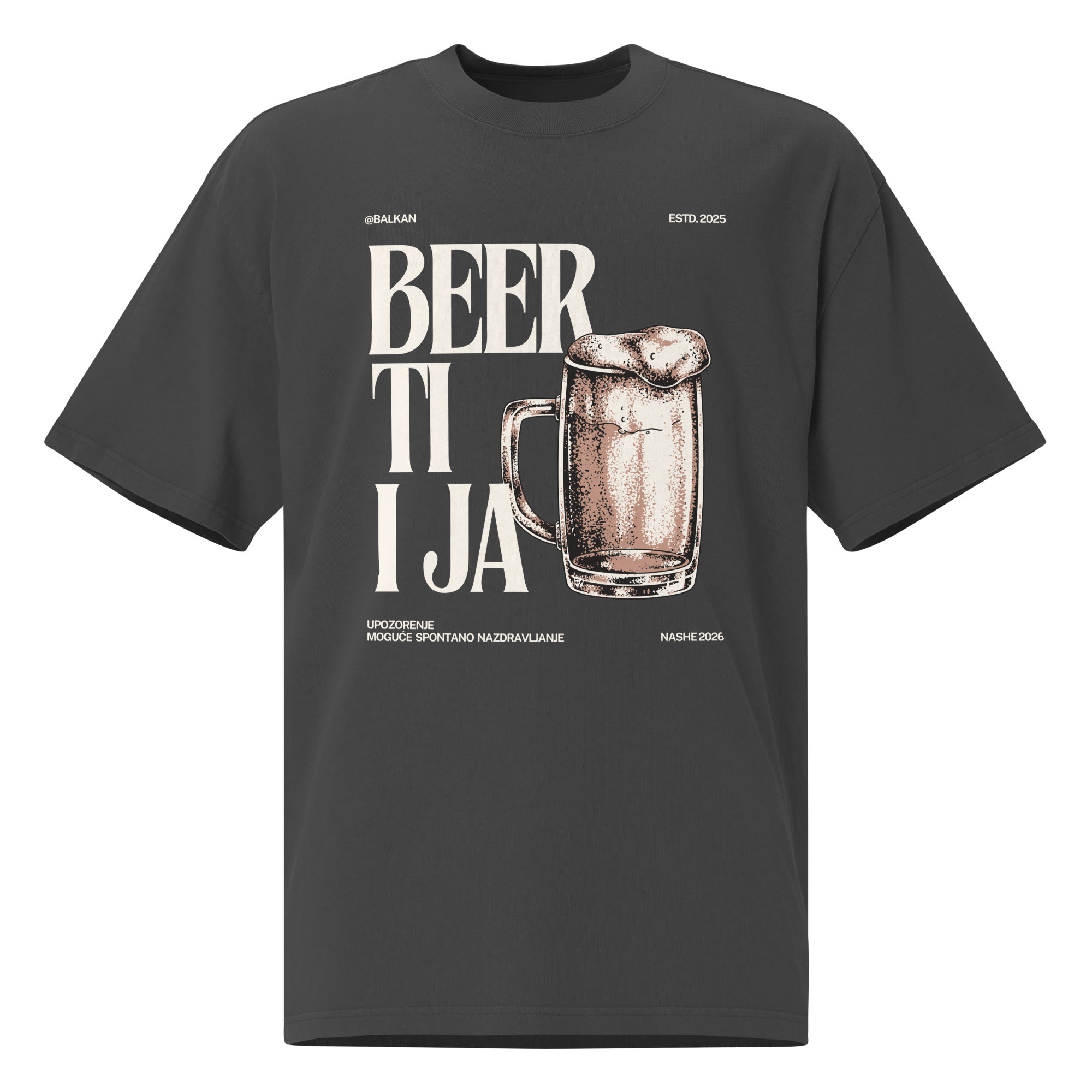 Oversized faded t-shirt men - Beer ti i ja in faded black, front view, NASHE Balkan T-shirt