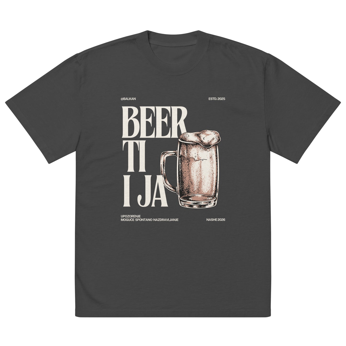 Oversized faded t-shirt men - Beer ti i ja in faded black, front view, NASHE Balkan T-shirt