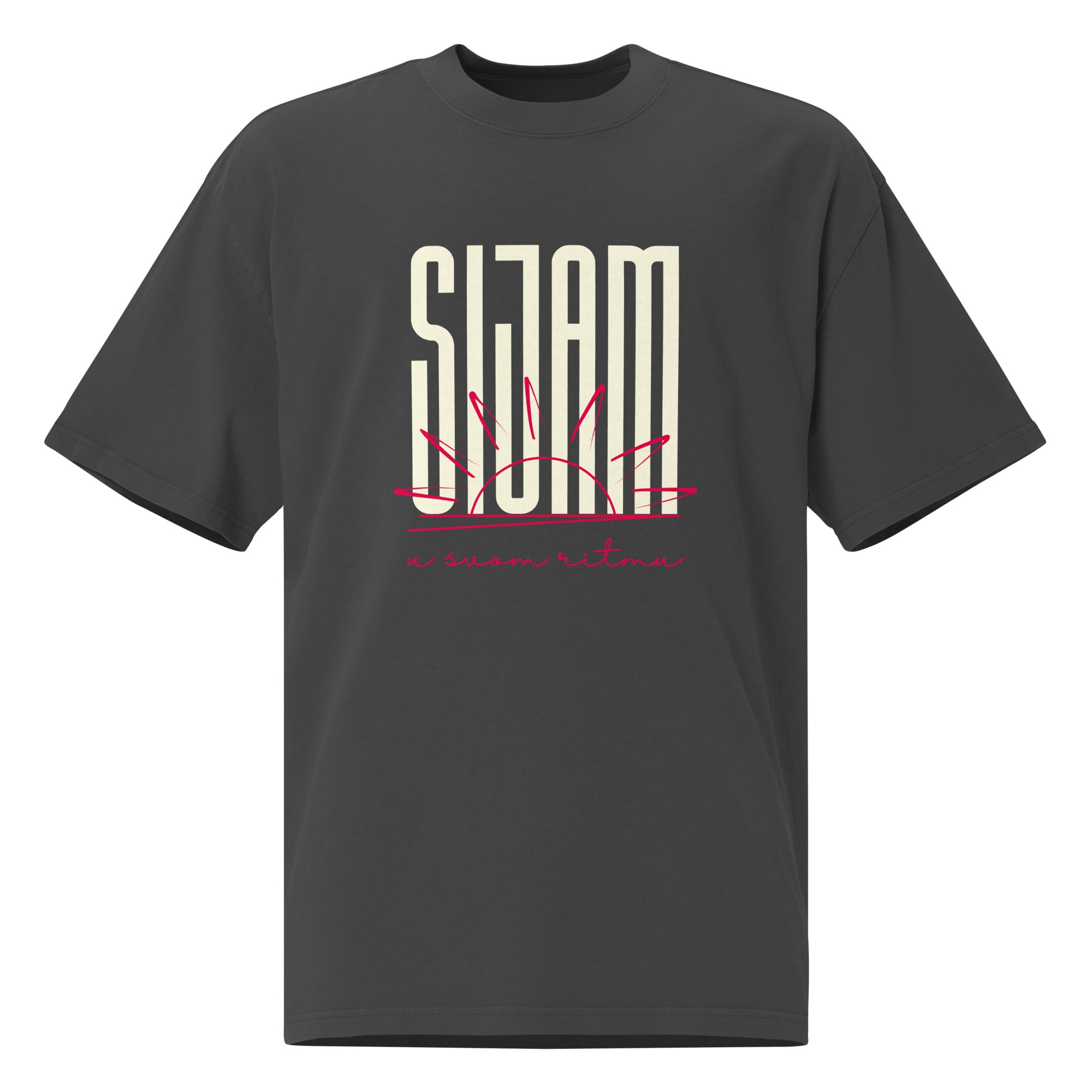 Oversized faded t-shirt women - Sijam u svom ritmu in faded black, front view, NASHE Balkan T-shirt