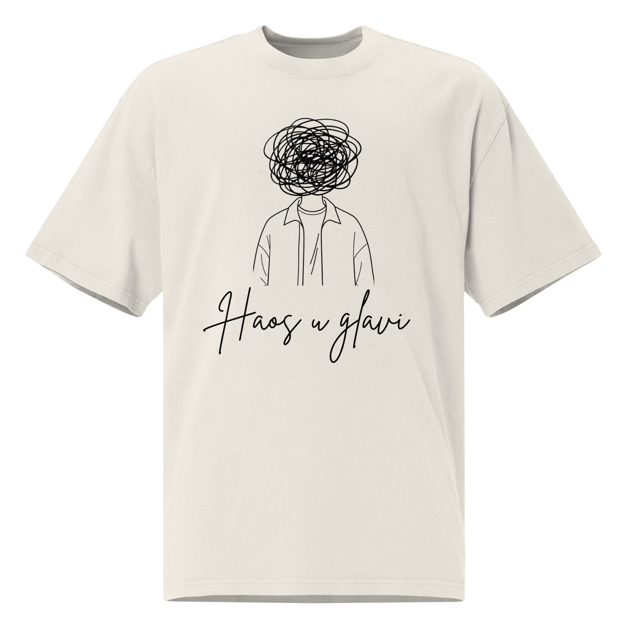 Oversized faded t-shirt unisex - Haos u glavi in faded bone, front view, NASHE Balkan T-shirt