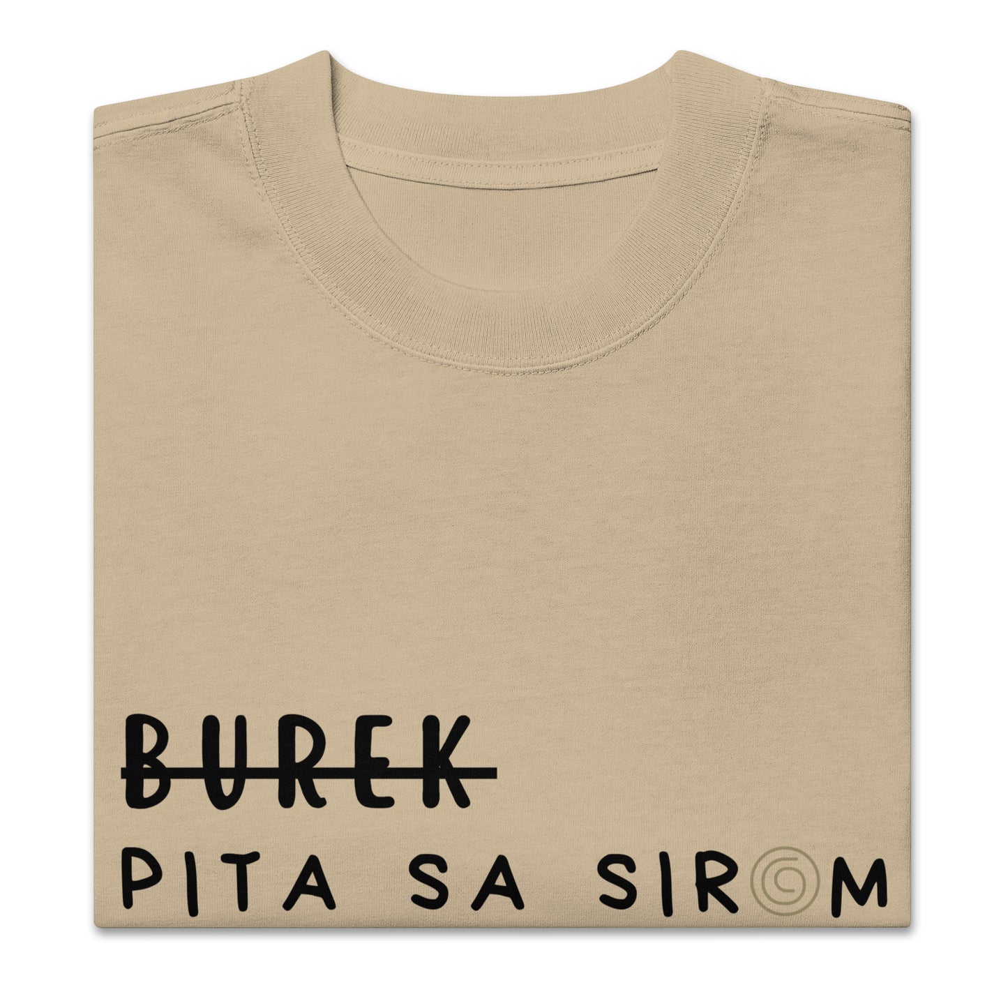 Unisex Oversized faded t-shirt - Burek - Pita sa sirom in khaki, front view, NASHE Balkan T-shirt